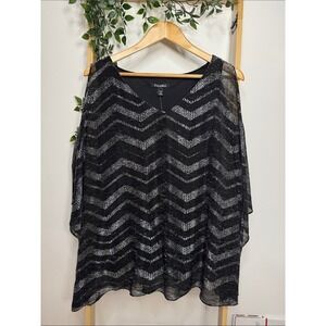 Roz & Ali Black Shimmer V‑Neck Top Silver Pattern Dressy Casual Sparkly Size 1X